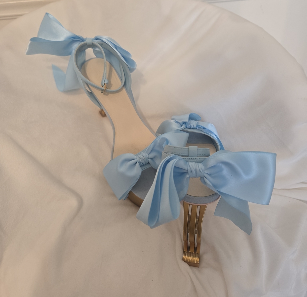Serpenti  Metal & Satin Bow Ankle-Strap Heels in Light Blue